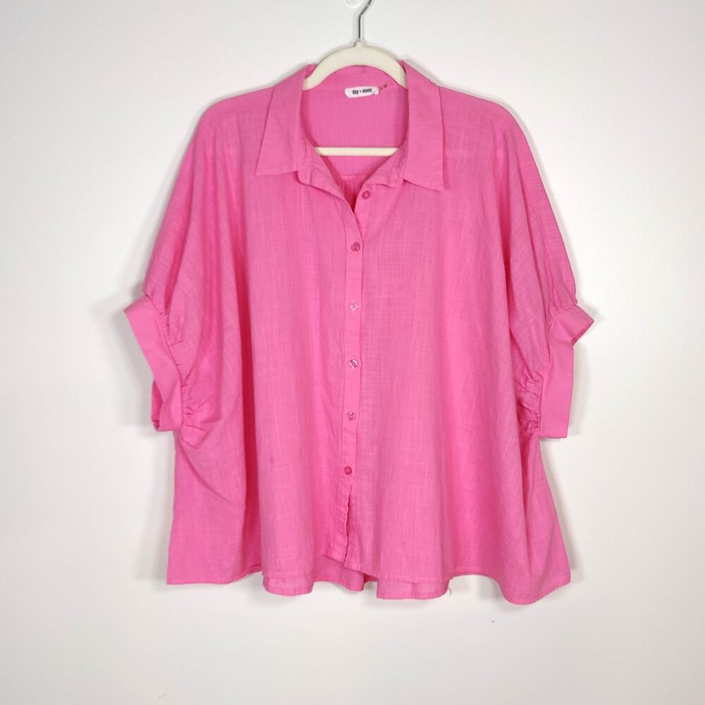 Day‎ + Moon Cotton Oversized Blouse Pink Ruched Sleeve Button Top S Lagenlook
